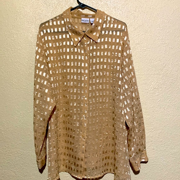 Essentials Tops - Essentials Top Blouse 2X Golden Yellow Light Weight See Through Long sleeve Poly